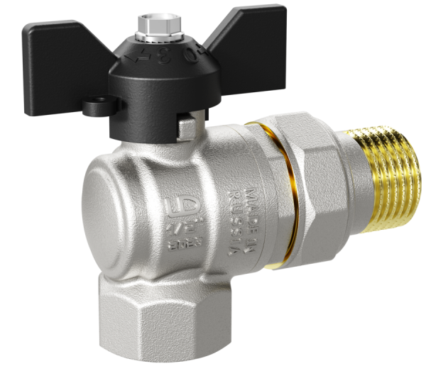 Кран шаровой, угловой LD Pride Ду 25 муфта/штуцер нак. г (никель) бабочка