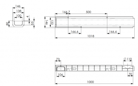 Лоток водоотводный Standart 14,6*8 DN100, пластиковый, нагрузка до 25т (ДхШхВ-1000х145х80мм)
