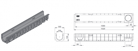 Лоток водоотводный Standart 16*13 DN100, пластиковый, нагрузка до 25т (ДхШхВ-1000х160х130мм)