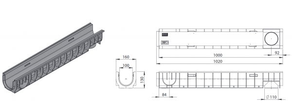 Лоток водоотводный Standart 16*13 DN100, пластиковый, нагрузка до 25т (ДхШхВ-1000х160х130мм)