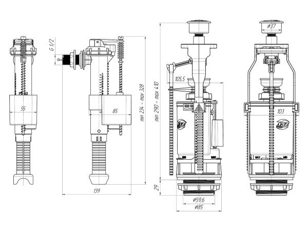 Арматура к унитазу, боковая подводка, 2 кнопки, пластик/хром