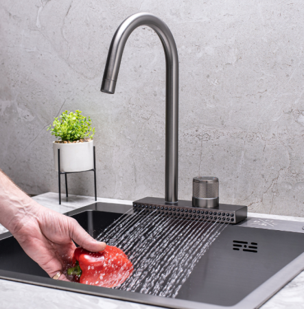 Смеситель РМС для кухни одноручный, гайка, нерж.сталь, SUS130PVD-017F (графит)