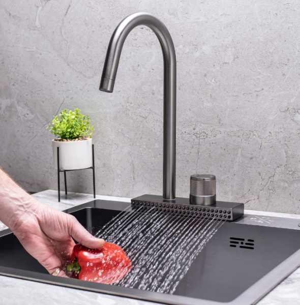 Смеситель РМС для кухни одноручный, гайка, нерж.сталь, SUS130PVD-017F (графит)