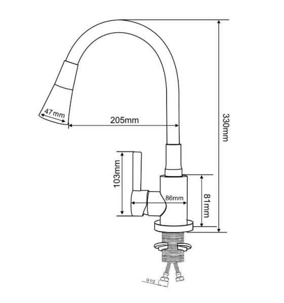 Смеситель РМС для кухни одноручный гайка, нерж+черный, нерж.сталь, SUS123BL-016F