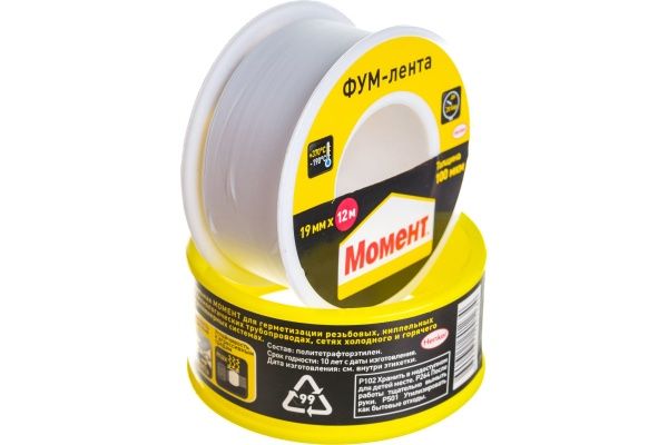 Лента ФУМ МОМЕНТ, L-12м, ширина 19 мм  тефлоновая, вода
