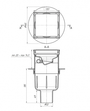 Трап РР канализационный вертикальный 50 (100х100) НЖ решетка регулируемая СУХОЙ