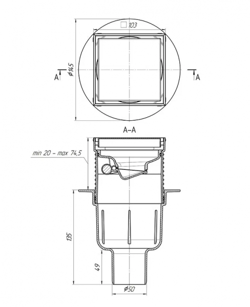 Трап РР канализационный вертикальный 50 (100х100) НЖ решетка регулируемая СУХОЙ