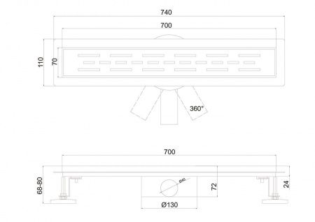 Линейный трап 70х7см, из нерж. стали с горизонтальным выпуском, гидро+сухая защита от запаха, ТЛ-02
