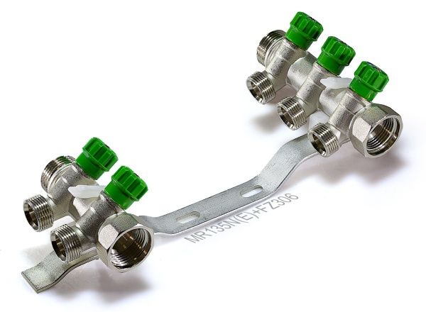 Коллектор вентильный регулирующий под 45", ВР 3/4" - 3х1/2" НР (никель)