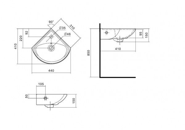 Умывальник угловой "Ирис-36" с переливом, без комплекта, 1 отверстие, белый