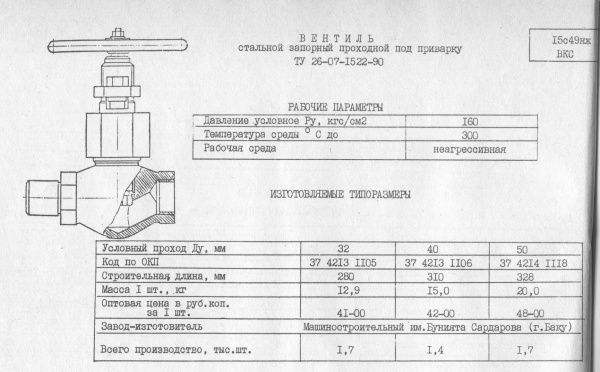 Вентиль 15с49нж (ВКС) Ду 50   Ру160   (муфтовый)