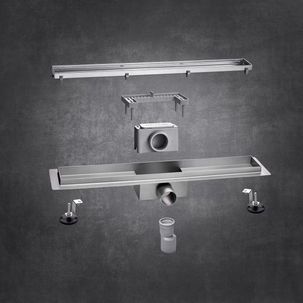 Линейный трап 80х7см, из нерж. стали с горизонтальным выпуском, гидро+сухая защита от запаха, ТЛ-01