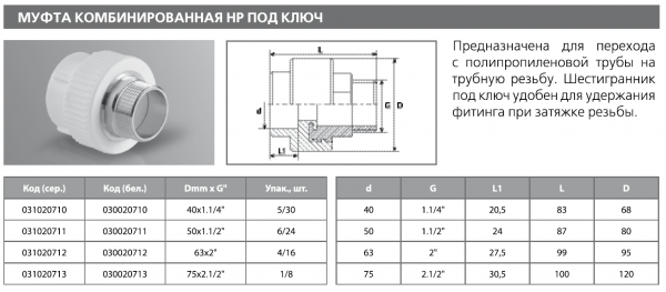 Муфта PPRC комбинированная НР 75х2 1/2" (бел.) под ключ Tebo (1/8)