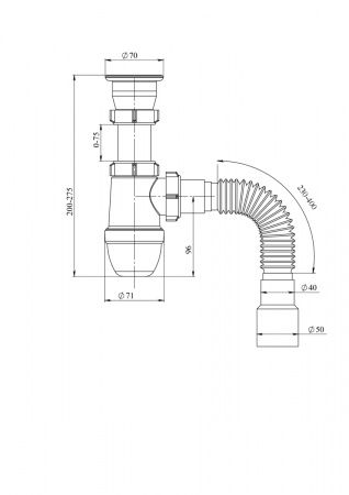 Сифон бутылочный, нерж. сетка (70мм) 1 1/2х40 гибкая труба 40/50 (400мм)