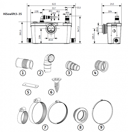 Фекальная установка Wilo HiSewlift 3-35 (400 Вт, Qмакс - 85 л/мин; Нмакс - 6,5 м)