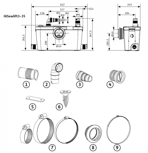 Фекальная установка Wilo HiSewlift 3-35 (400 Вт, Qмакс - 85 л/мин; Нмакс - 6,5 м)