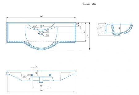 Умывальник мебельный "Классик-1200" с переливом, без комплекта, 1 отверстие, белый