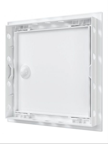 Дверца пластиковая АБС 218х218 (196х196) белая с фланцем, ручка