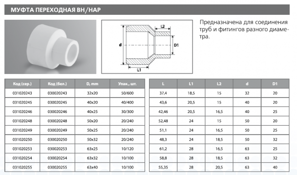 Переход редукционный вн/нар. PPRC 50/25   (сер.) Tebo (20/240)