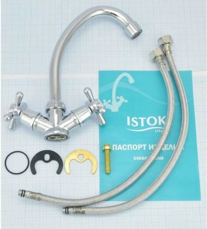Смеситель для мойки двуручный "Istok life" с поворотным изливом, керам. кран букса, шпилька