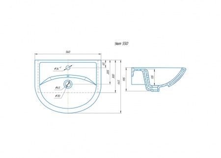 Умывальник мебельный "Уют 550" с переливом, без комплекта, 1 отверстие, белый