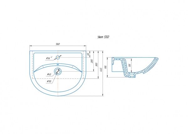 Умывальник мебельный "Уют 550" с переливом, без комплекта, 1 отверстие, белый