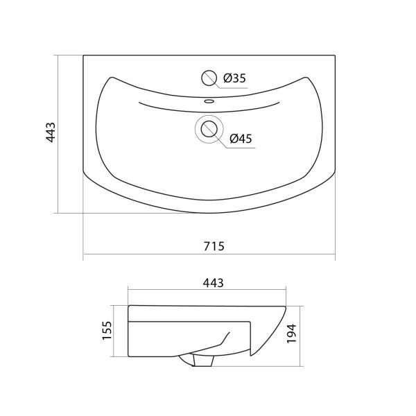 Умывальник мебельный "Балтика 70" с переливом, без комплекта, 1 отверстие, белый
