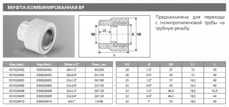 Муфта PPRC комбинированная ВР 20х1/2" (бел.) Tebo (40/200)