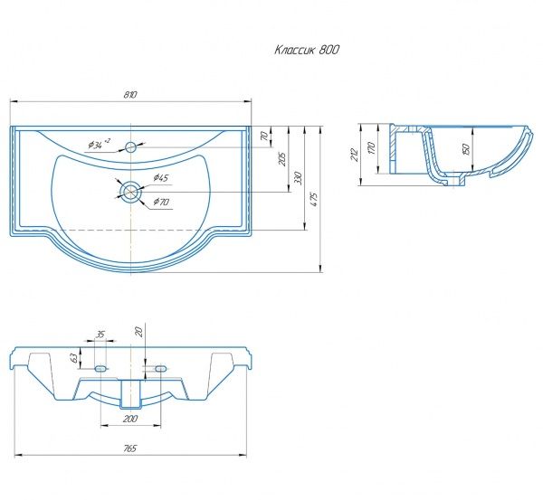 Умывальник мебельный "Классик-800" с переливом, без комплекта, 1 отверстие, белый