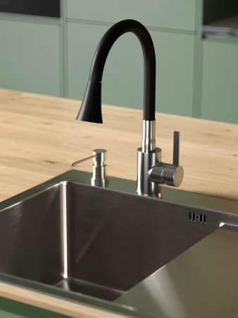 Смеситель РМС для кухни одноручный гайка, нерж+черный, нерж.сталь, SUS123BL-016F