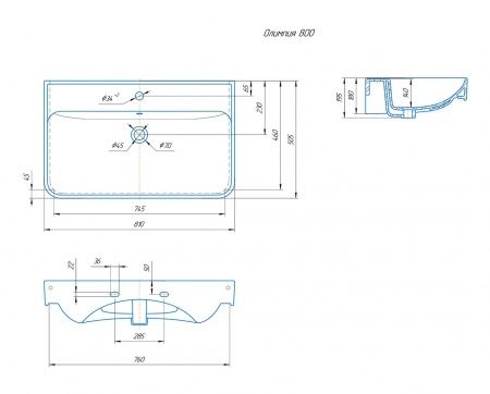 Умывальник мебельный "Олимпия-800" с переливом, без комплекта, 1 отверстие, белый