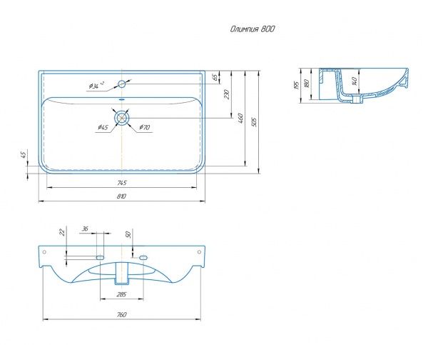 Умывальник мебельный "Олимпия-800" с переливом, без комплекта, 1 отверстие, белый