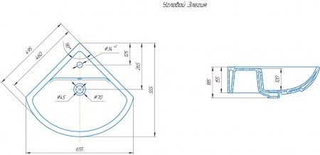 Умывальник мебельный, угловой "Элегия" с переливом, без комплекта, 1 отверстие, белый