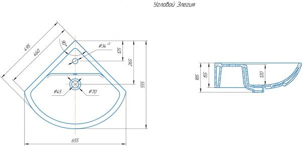 Умывальник мебельный, угловой "Элегия" с переливом, без комплекта, 1 отверстие, белый
