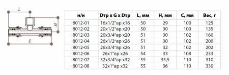 Тройник переходной НР 20х1/2"х20 покрытие никель (металлопластик, ПРЕСС)