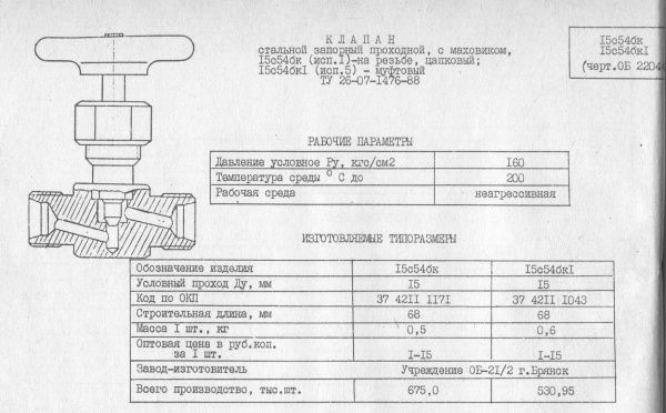 Вентиль 15с54бк (ПЗ 2286, ОБ 22044) Ду 15 (резьба/резьба М33х1,5)
