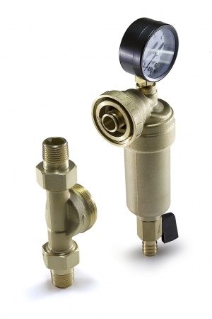 Фильтр промывной свободного вращения 1/2" (метал.колба, кран 3/8"+ штуцер, американки, манометр)