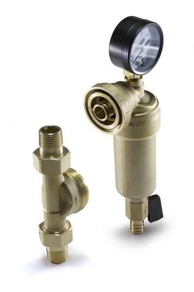 Фильтр промывной свободного вращения 1/2" (метал.колба, кран 3/8"+ штуцер, американки, манометр)