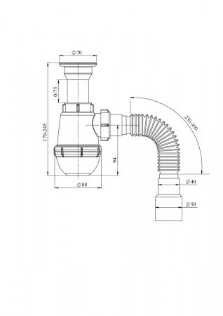 Сифон бутылочный, литой выпуск, нерж. сетка (70мм) 1 1/2х40 гибкая труба 40/50 (400мм)