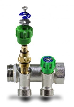 Коллектор вентильный регулирующий под 45", ВР 1" - 4х3/4" НР евроконус (никель)