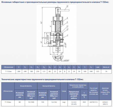 Клапан предохранительный пружинный Т-132мс Ду 80   (35-45 Атм)