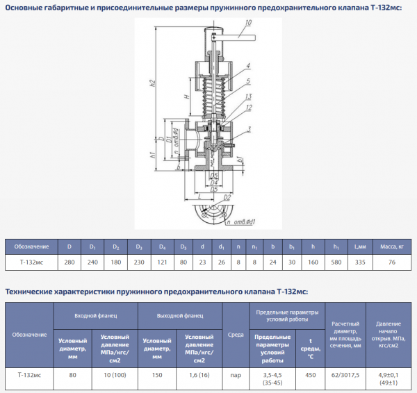 Клапан предохранительный пружинный Т-132мс Ду 80   (35-45 Атм)