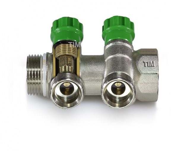 Коллектор вентильный регулирующий под 45", ВР 3/4" - 3х1/2" НР (никель)