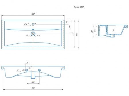 Умывальник мебельный "Фостер-1000" с переливом, без комплекта, 1 отверстие, белый