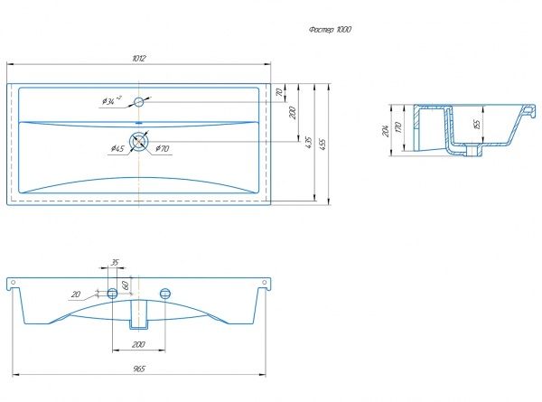 Умывальник мебельный "Фостер-1000" с переливом, без комплекта, 1 отверстие, белый