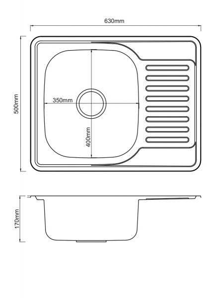 Мойка нерж. врезная прямоугольная ПРАВОЕ крыло, РМС, MG6-6350L(0,6), 630х500х170 мм