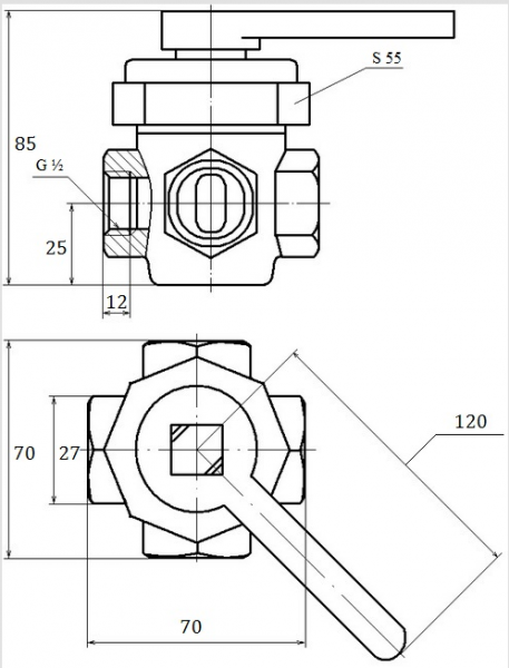 Кран латунный, пробковый, четырехходовой 11б23бк Ду 32