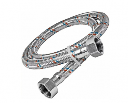 Подводка д/воды 1/2" ГГ  1.2 м (латунная гайка, нерж. оплетка с красной и синей лентой)