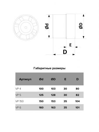 Вентилятор D-100мм, 103х103мм, VP 4 (канальный 107 м3/ч, 14 Вт, 220В, 35 дБ)