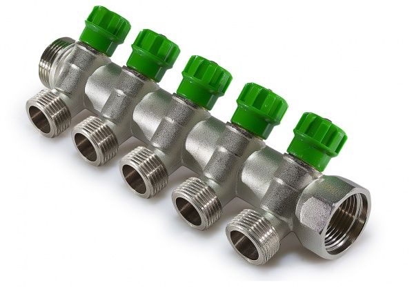 Коллектор вентильный регулирующий под 45", ВР 3/4" - 5х1/2" НР (никель)